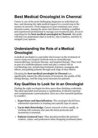 Best Medical Oncologist in Chennai