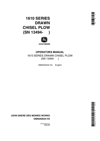 John Deere 1610 Series Drawn Chisel Plow (SN.13494-) Operator’s Manual Instant Download (Publication No.OMN200034)
