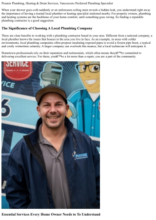 Pioneer Plumbing, Heating & Drain Services, Vancouvers Favorite Plumbing Contrac