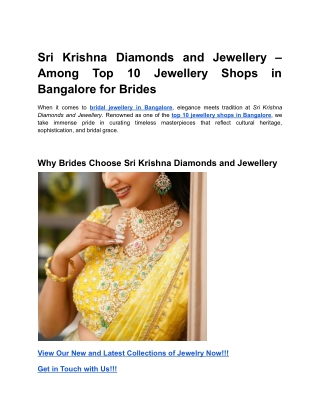 Sri Krishna Diamonds and Jewellery – Among Top 10 Jewellery Shops in Bangalore for Brides