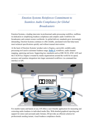 Emotion Systems Reinforces Commitment to Seamless Audio Compliance for Global Broadcasters