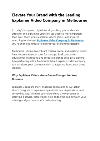 Elevate Your Brand with the Leading Explainer Video Company in Melbourne