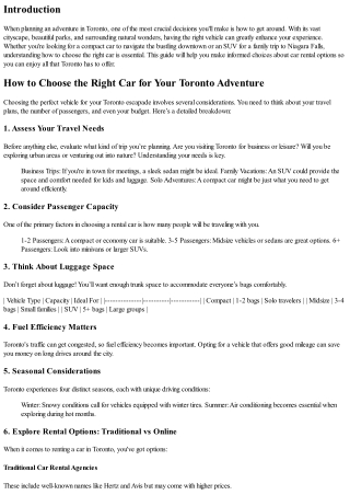 How to Choose the Right Car for Your Toronto Adventure