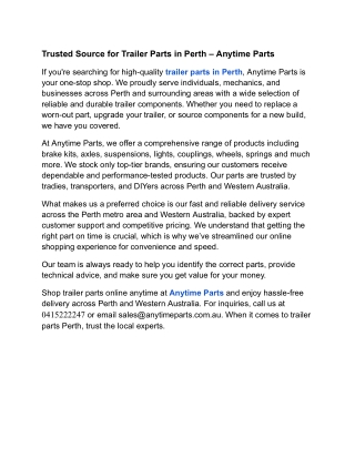 Trusted Source for Trailer Parts in Perth – Anytime Parts