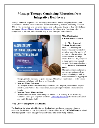 Massage Therapy Continuing Education from Integrative Healthcare