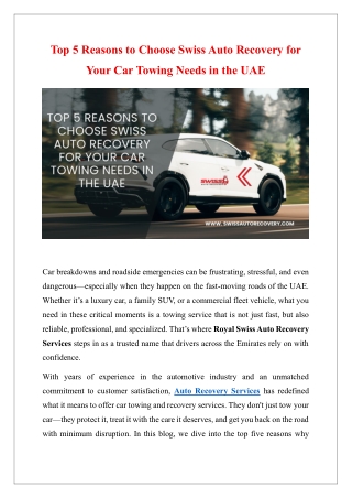 Top 5 Reasons to Choose Swiss Auto Recovery for Your Car Towing Needs in the UAE