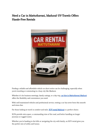Need a Car in Mattuthavani, Madurai