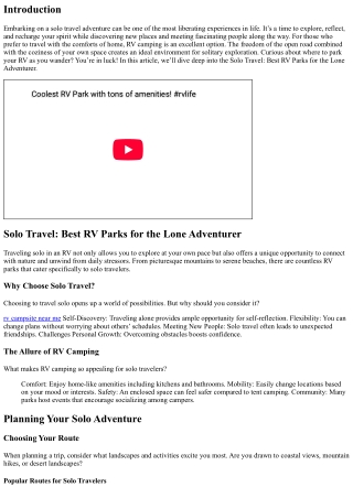 Solo Travel: Best RV Parks for the Lone Adventurer