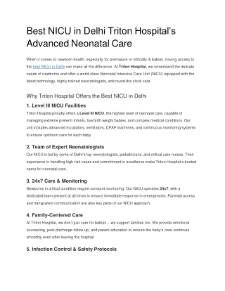Best NICU in Delhi Triton Hospital’s Advanced Neonatal Care