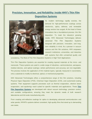 Precision, Innovation, and Reliability Inside HHV’s Thin Film Deposition Systems
