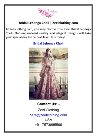 Bridal Lehenga Choli  Zeelclothing.com