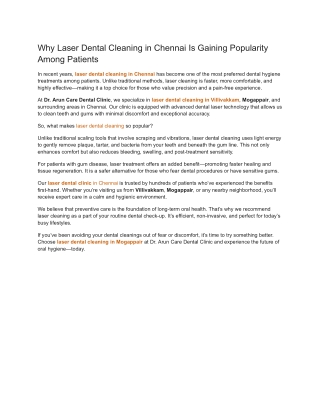 Why Laser Dental Cleaning in Chennai Is Gaining Popularity Among Patients