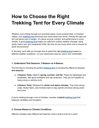 How to Choose the Right Trekking Tent for Every Climate