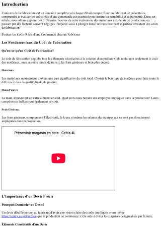 Évaluer les Coûts Réels d'une Commande chez un Fabriceur