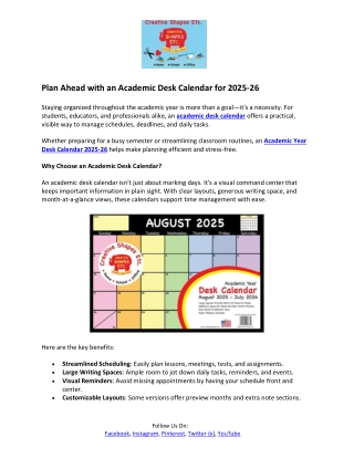 Creative Shapes- Academic Year Desk Calendar 2025-26