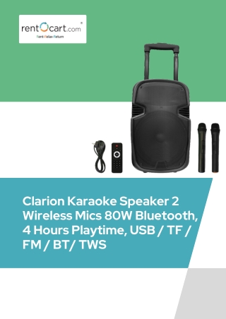 Clarion Karaoke Speaker 2 Wireless Mics 80W Bluetooth, 4 Hours Playtime, USB  TF  FM  BT TWS