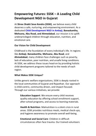 Child Development NGO in Ambaji | Uplifting Young Lives with SSSK
