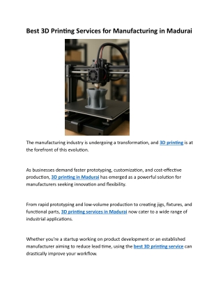 Best 3D Printing Services for Manufacturing in Madurai