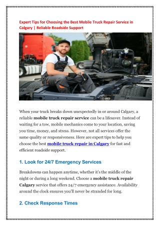 Expert Tips for Choosing the Best Mobile Truck Repair Service in Calgary -Reliable Roadside Support