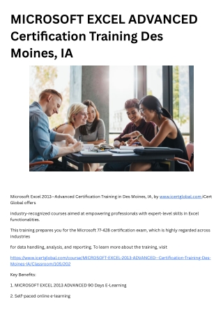 MICROSOFT EXCEL ADVANCED Certification Training Des Moines, IA