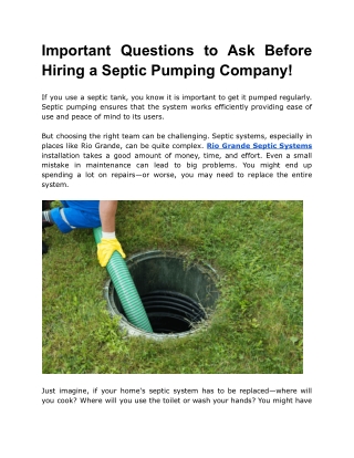 Important Questions to Ask Before Hiring a Septic Pumping Company!
