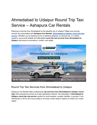 Ahmedabad to Udaipur Round Trip Taxi Service – Ashapura Car Rentals