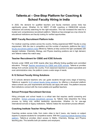 Tallento.ai – One-Stop Platform for Coaching & School Faculty Hiring in India