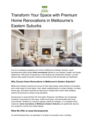 Transform Your Space with Premium Home Renovations in Melbourne’s Eastern Suburbs