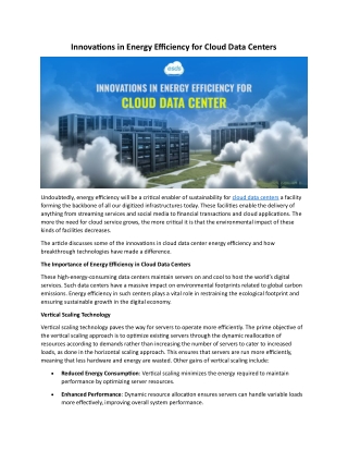 Innovations in Energy Efficiency for Cloud Data Centers