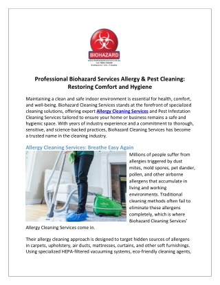 Professional Biohazard Services Allergy & Pest Cleaning Restoring Comfort and Hygiene