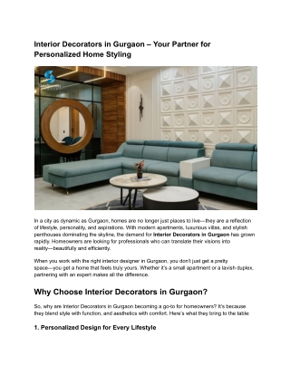 Interior Decorators in Gurgaon – Your Partner for Personalized Home Styling