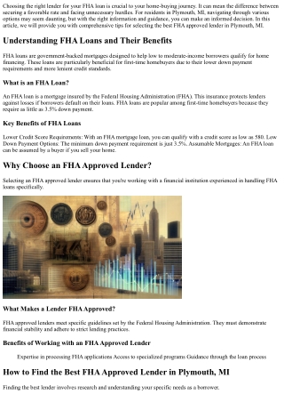 Tips for Selecting the Best FHA Approved Lender in Plymouth, MI