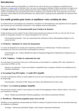 Les outils gratuits pour tester et améliorer votre création de sites.