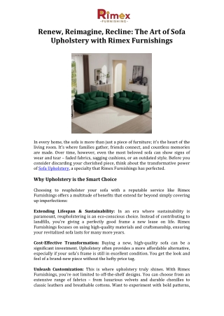Renew, Reimagine, Recline The Art of Sofa Upholstery with Rimex Furnishings