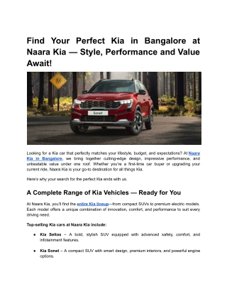 Find Your Perfect Kia in Bangalore at Naara Kia — Style, Performance and Value Await