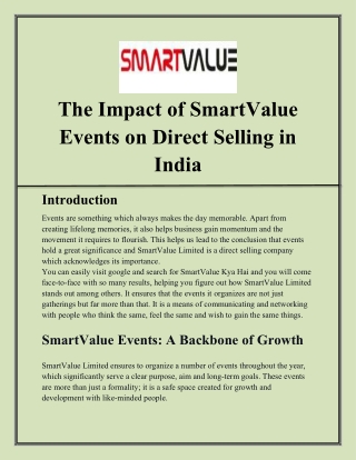 The Impact of SmartValue Events on Direct Selling in India
