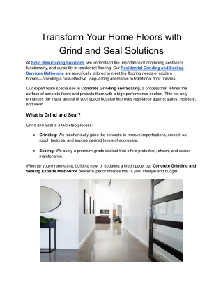 Residential Grinding and Sealing Services Melbourne|Solid Resurfacing Solutions