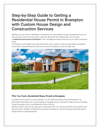 Step-by-Step Guide to Getting a Residential House Permit in Brampton with Custom House Design and Construction Services