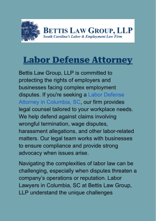 Labor Defense Attorney in Columbia, SC: Protecting Employers' Legal Rights