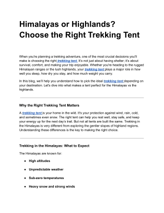 Himalayas or Highlands? Choose the Right Trekking Tent
