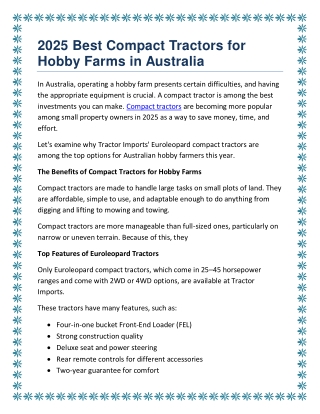 2025 Best Compact Tractors for Hobby Farms in Australia