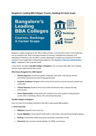 Bangalore’s Leading BBA Colleges: Courses, Rankings & Career Scope