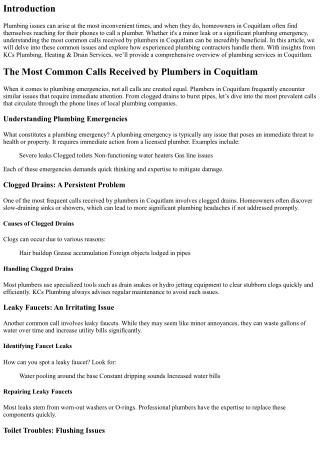 The Most Common Calls Received by Plumbers in Coquitlam and How They're Handled