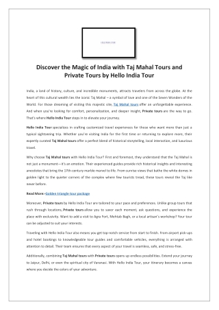 Discover the Magic of India with Taj Mahal Tours and Private Tours by Hello India Tour