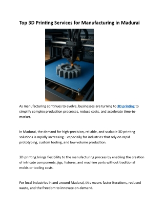 Top 3D Printing Services for Manufacturing in Madurai