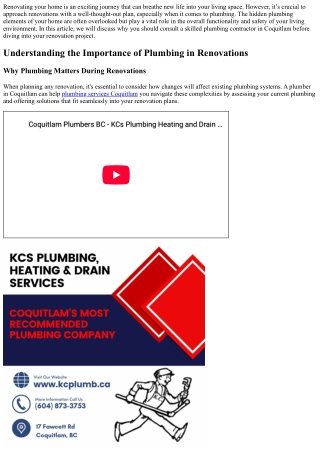 Preparing for Renovations? Consult a Skilled Plumbing Contractor in Coquitlam Fi