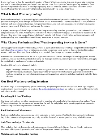 Roof Weatherproofing Services in Essex – Protect Your Home Year-Round