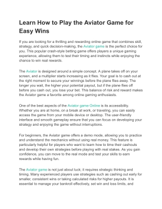 Learn How to Play the Aviator Game for Easy Wins
