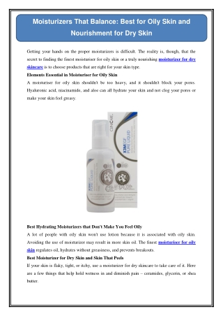 Moisturizers That Balance: Best for Oily Skin and Nourishment for Dry Skin