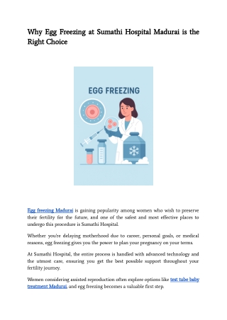 Why Egg Freezing at Sumathi Hospital Madurai is the Right Choice